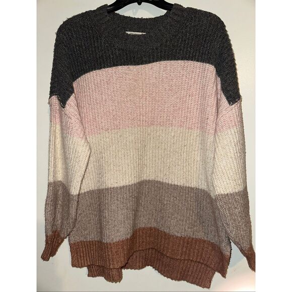 American Eagle Striped Oversized Cable Knit Striped Sweater size Medium Pink Gra - Picture 2 of 5